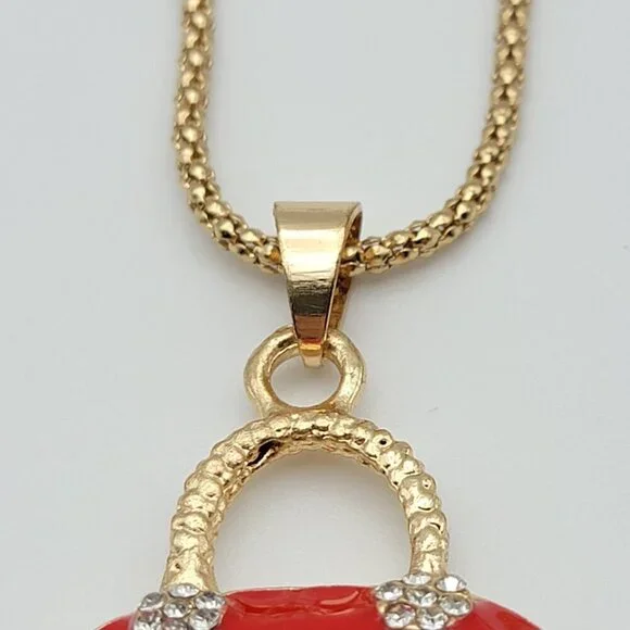 Betsey Johnson Red Enamel Purse Pendant Necklace Gold-Tone Clear Crystal 30 Inch - Picture 5 of 8